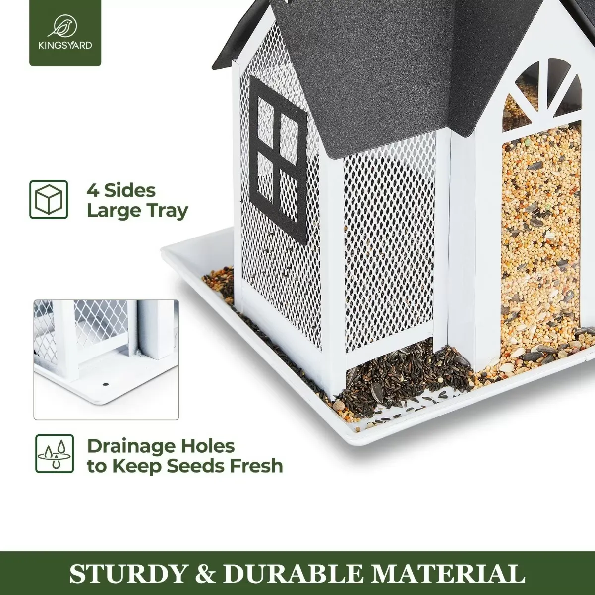 Black Roof Kingsyard Metal House Bird Feeder with Large Tray 5