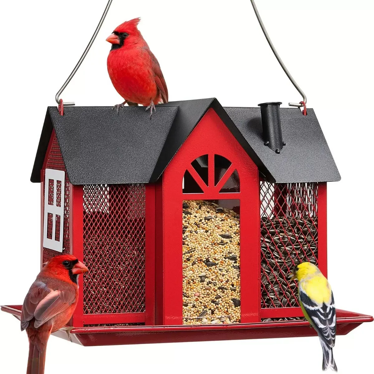 Red Kingsyard Metal House Bird Feeder with Large Tray 2
