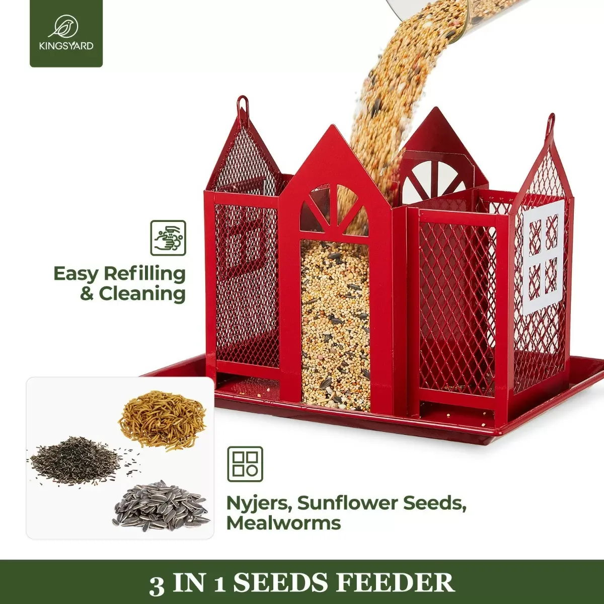 Red Kingsyard Metal House Bird Feeder with Large Tray 4