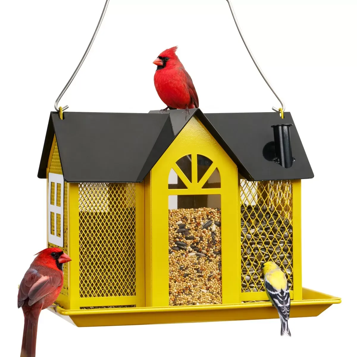Yellow Kingsyard Metal House Bird Feeder with Large Tray 2
