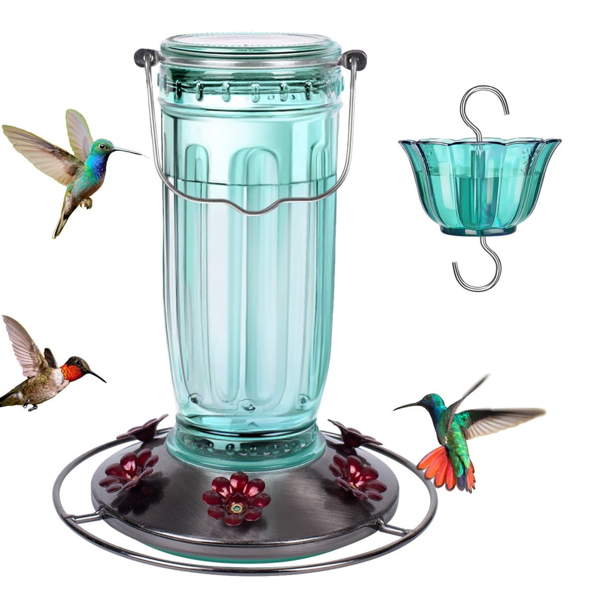 Green Kingsyard 16oz Glass Hummingbird Feeder With Ant Moat 2