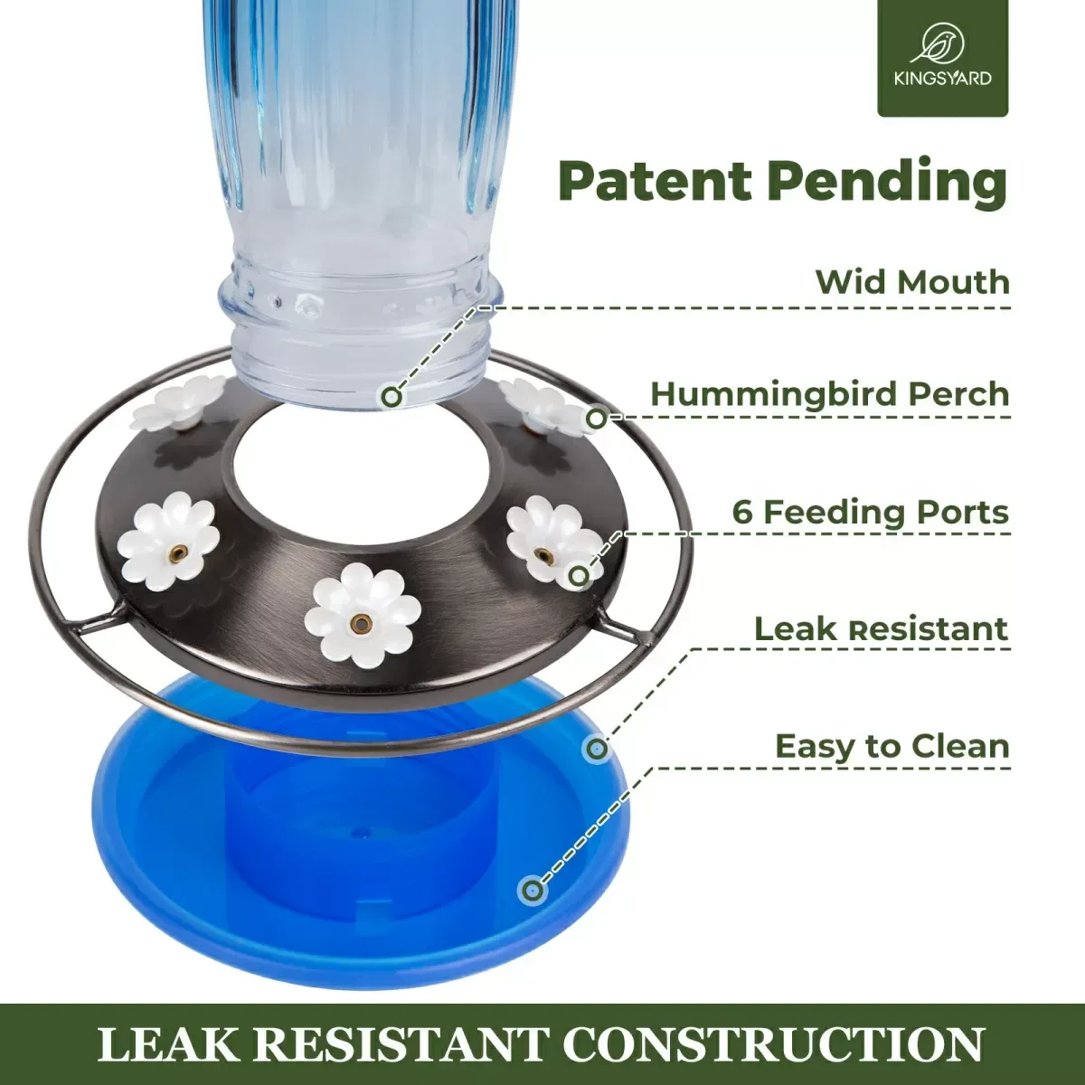 Blue Kingsyard 16oz Glass Hummingbird Feeder With Ant Moat 4