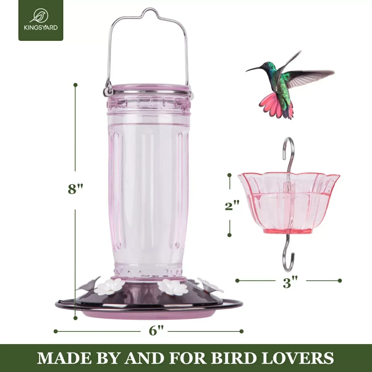 Pink Kingsyard 16oz Glass Hummingbird Feeder With Ant Moat 3