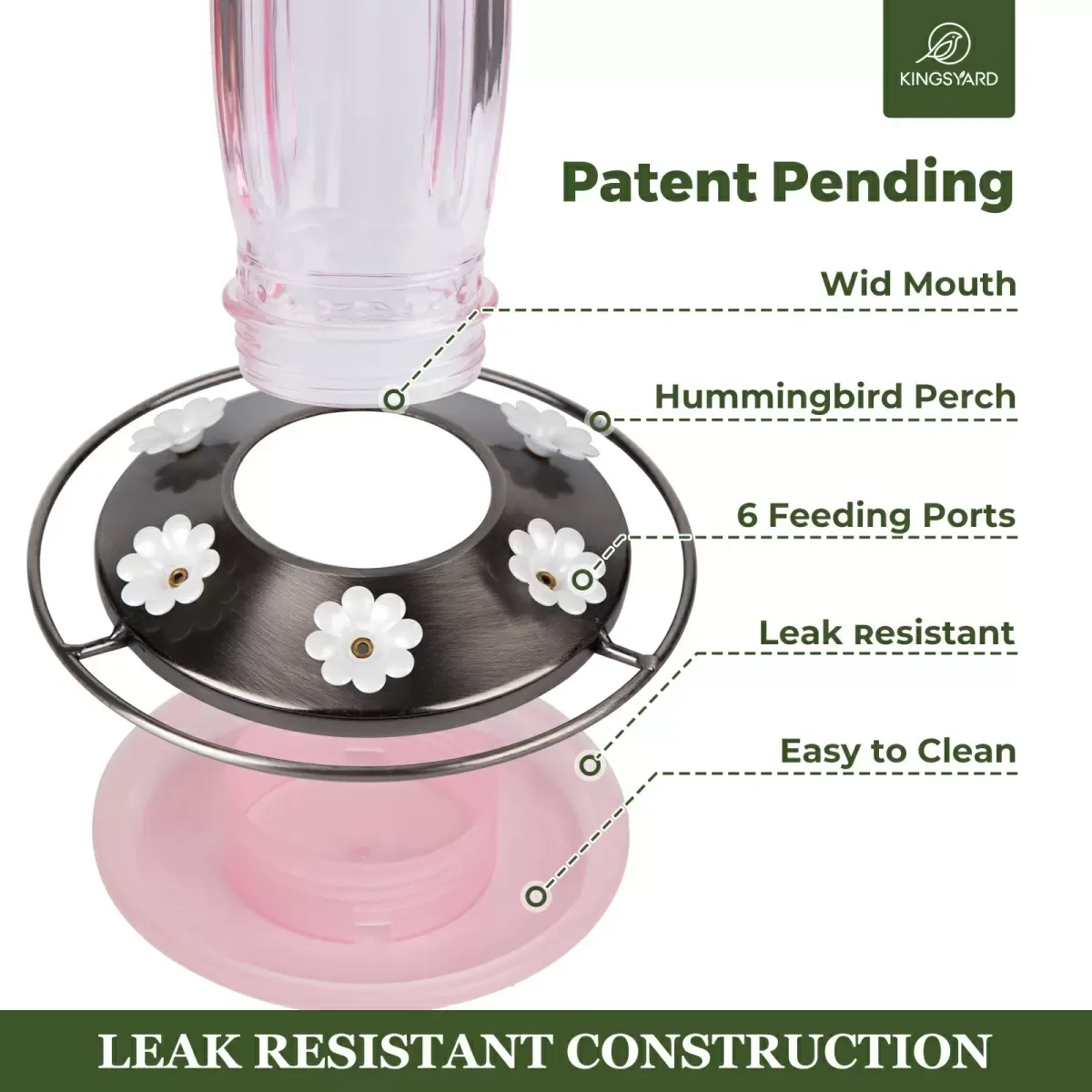 Pink Kingsyard 16oz Glass Hummingbird Feeder With Ant Moat 4