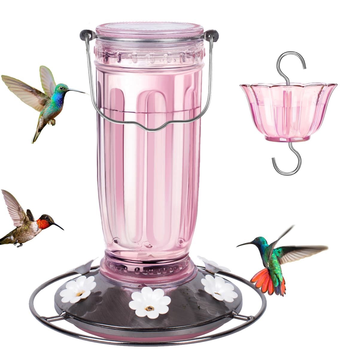Pink Kingsyard 16oz Glass Hummingbird Feeder With Ant Moat 2