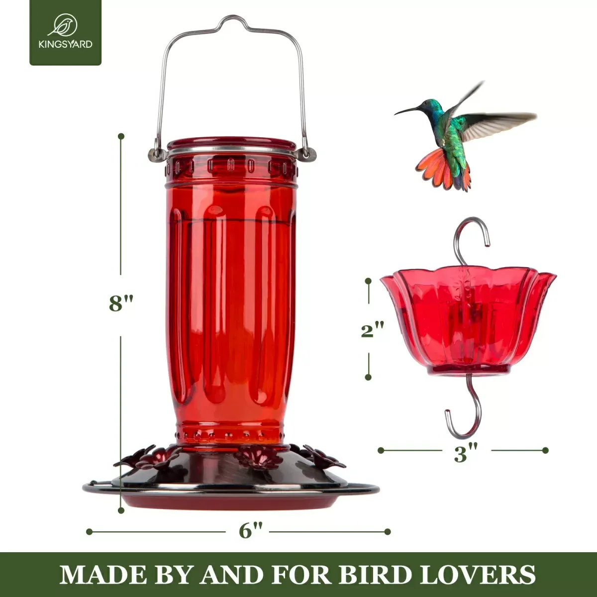 Red Kingsyard 16oz Glass Hummingbird Feeder With Ant Moat 3