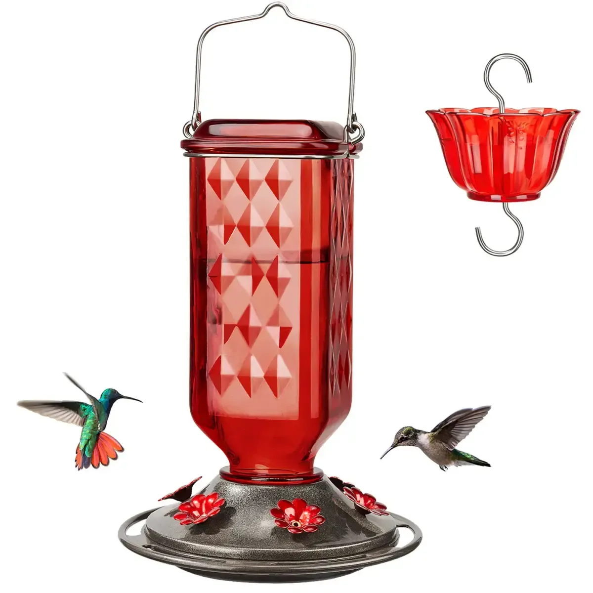 Red Kingsyard 24oz Leak Proof Glass Hummingbird Feeder with Ant Moat 2
