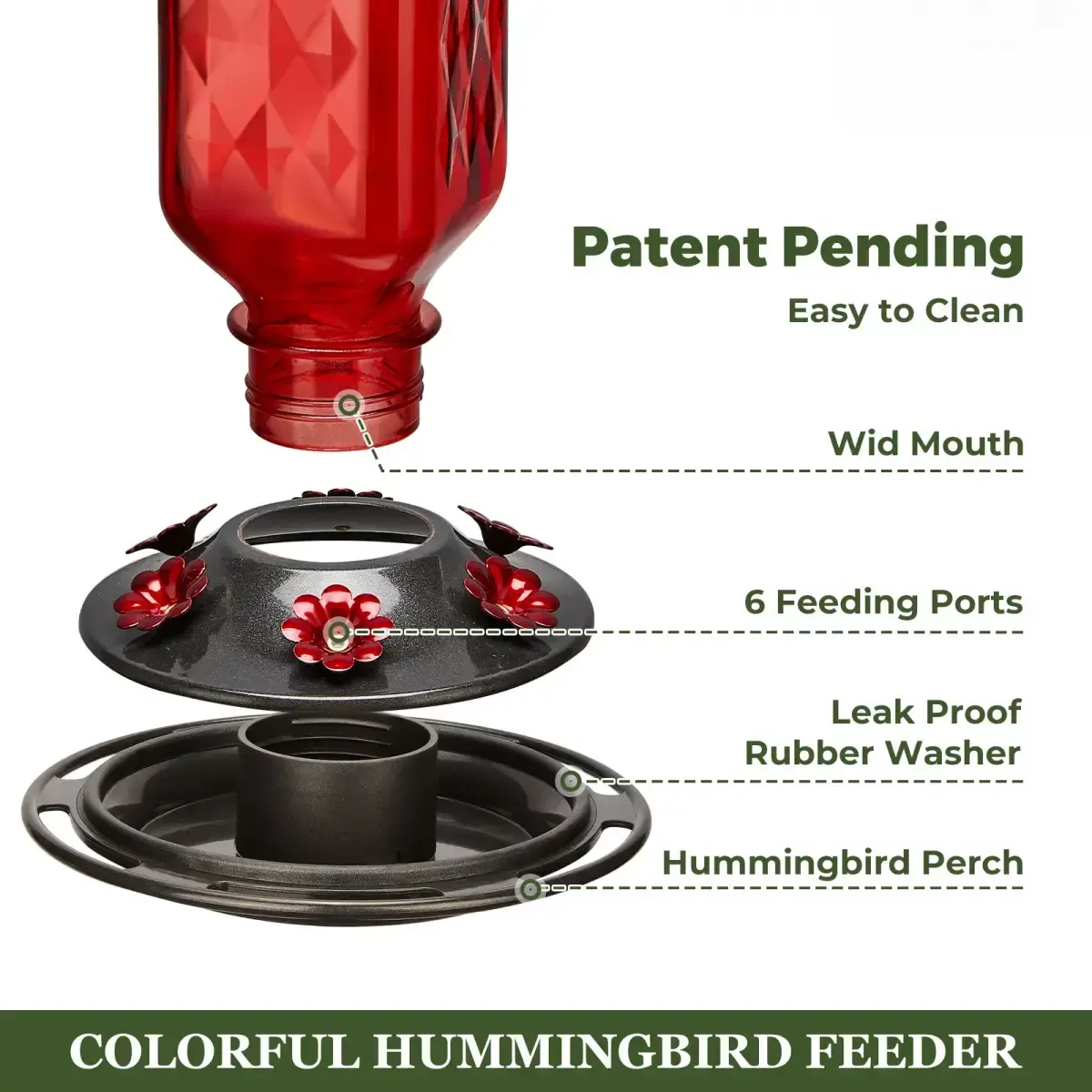 Red Kingsyard 24oz Leak Proof Glass Hummingbird Feeder with Ant Moat 4