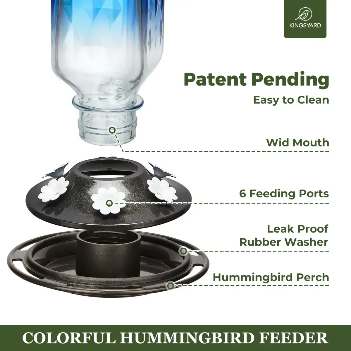 Blue Kingsyard 24oz Leak Proof Glass Hummingbird Feeder with Ant Moat 4