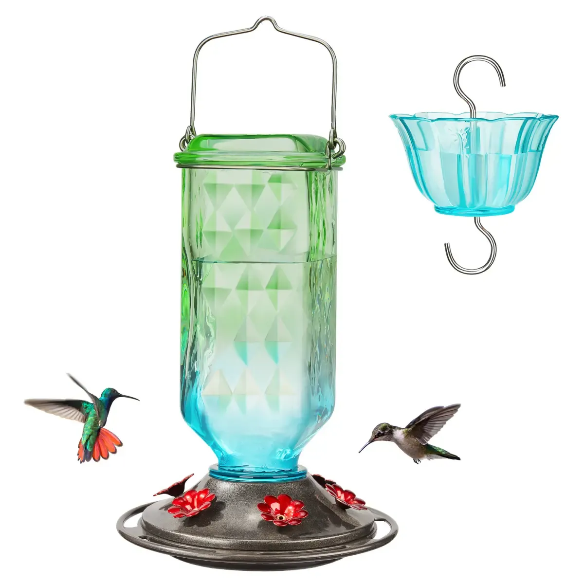 Green & Blue Kingsyard 24oz Leak Proof Glass Hummingbird Feeder with Ant Moat 2