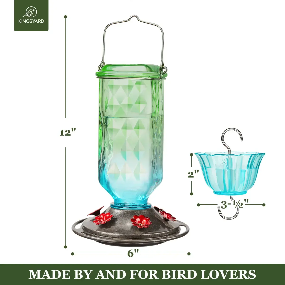 Green & Blue Kingsyard 24oz Leak Proof Glass Hummingbird Feeder with Ant Moat 3