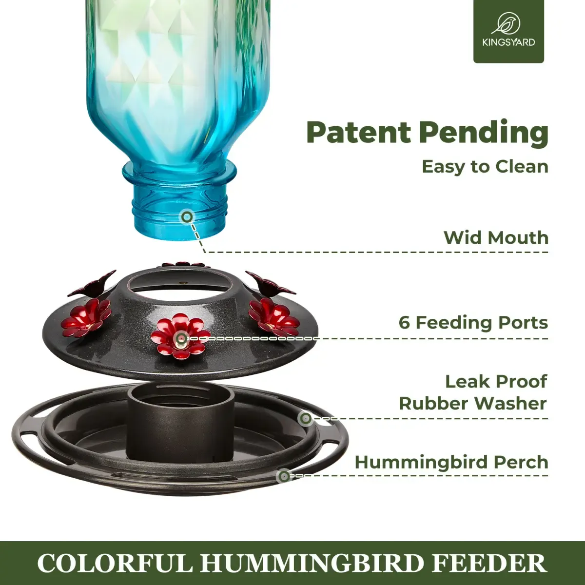 Green & Blue Kingsyard 24oz Leak Proof Glass Hummingbird Feeder with Ant Moat 4