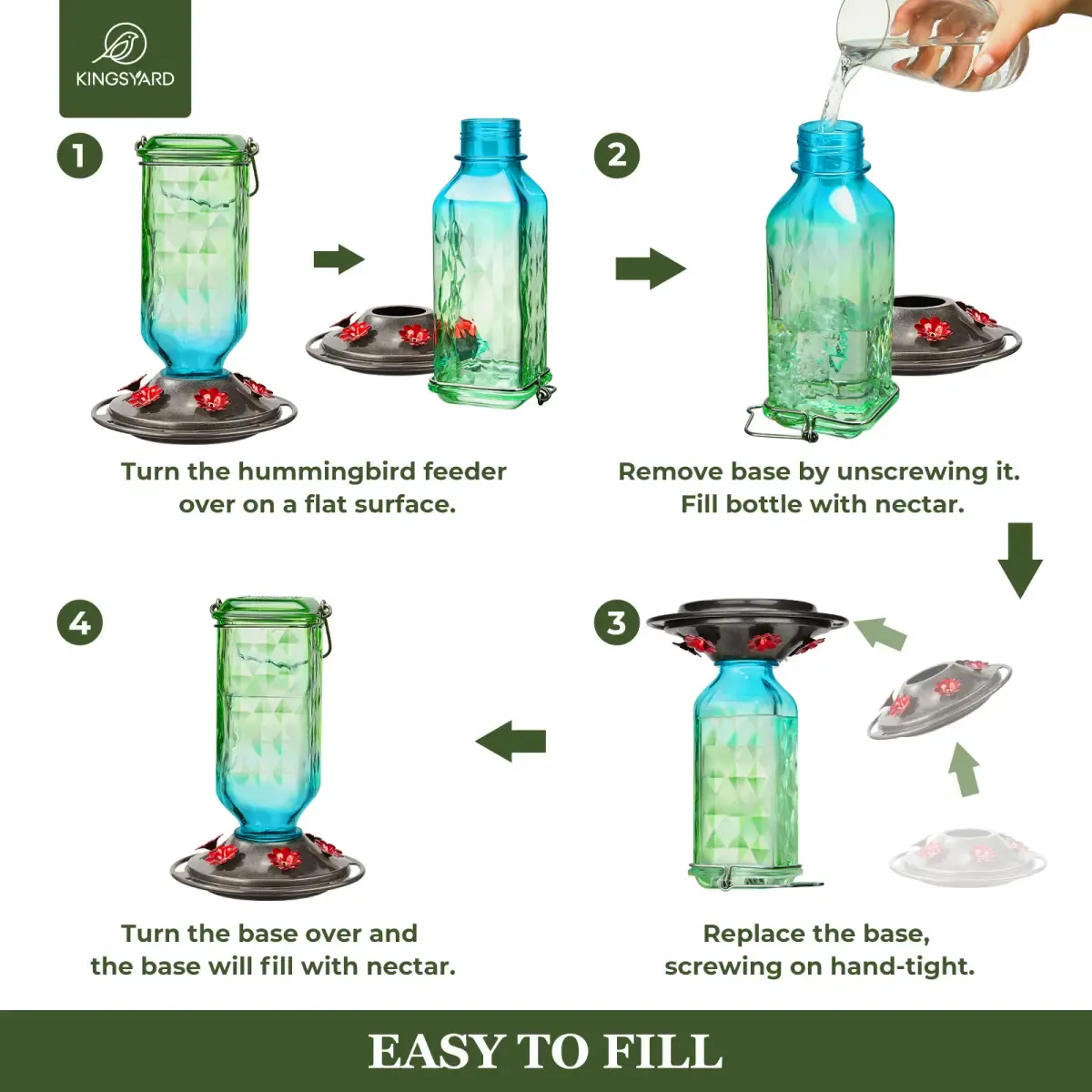 Green & Blue Kingsyard 24oz Leak Proof Glass Hummingbird Feeder with Ant Moat 5