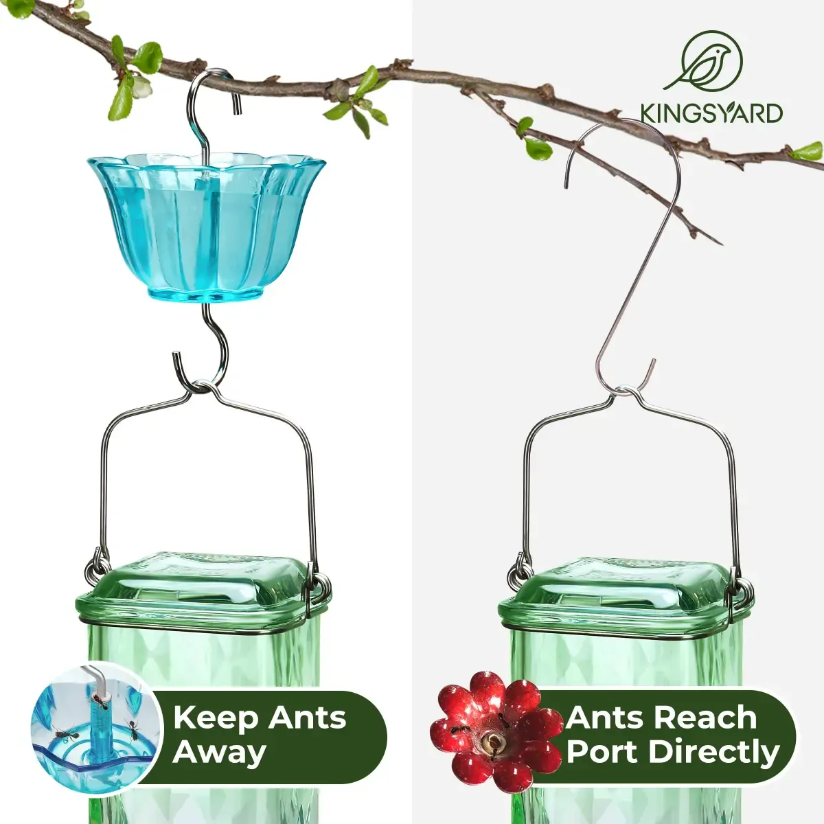 Green & Blue Kingsyard 24oz Leak Proof Glass Hummingbird Feeder with Ant Moat 6