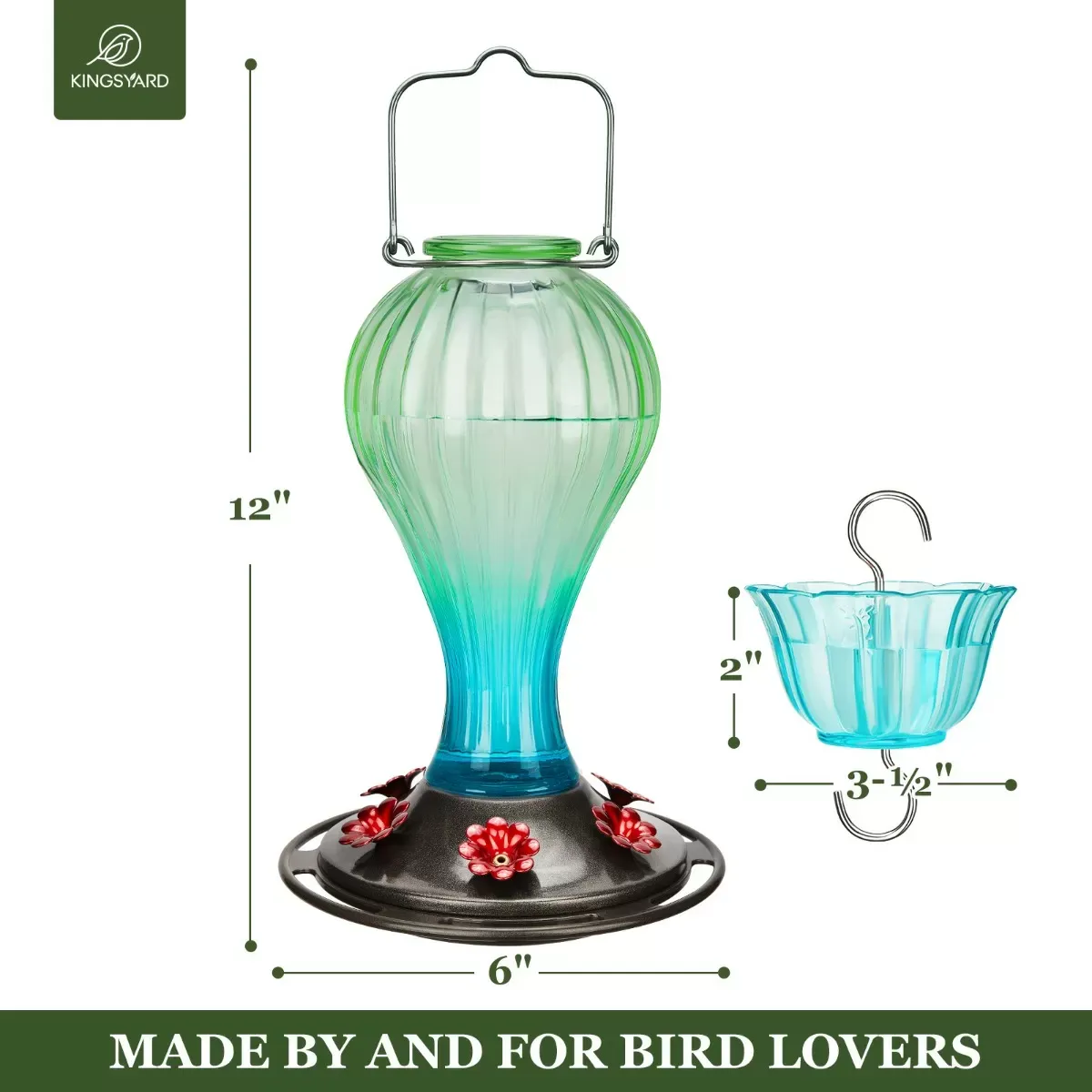 Green&Blue Kingsyard 24oz Leak Proof Glass Hummingbird Feeder with Ant Moat 3