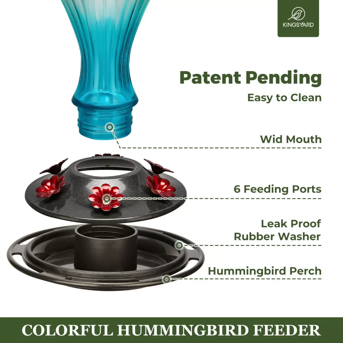Green&Blue Kingsyard 24oz Leak Proof Glass Hummingbird Feeder with Ant Moat 4
