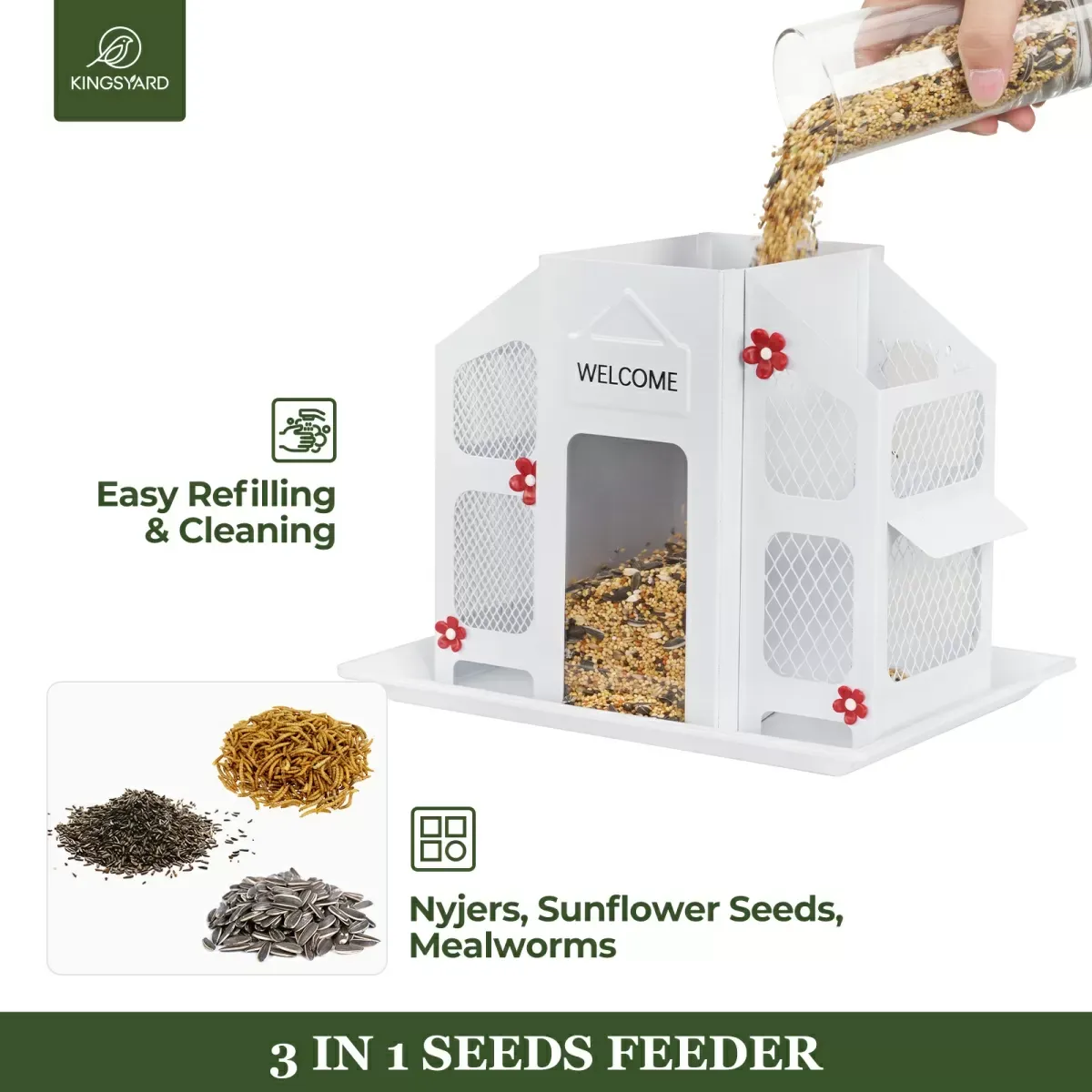 White Kingsyard Weatherproof Metal Mesh House Hopper Bird Feeder 4