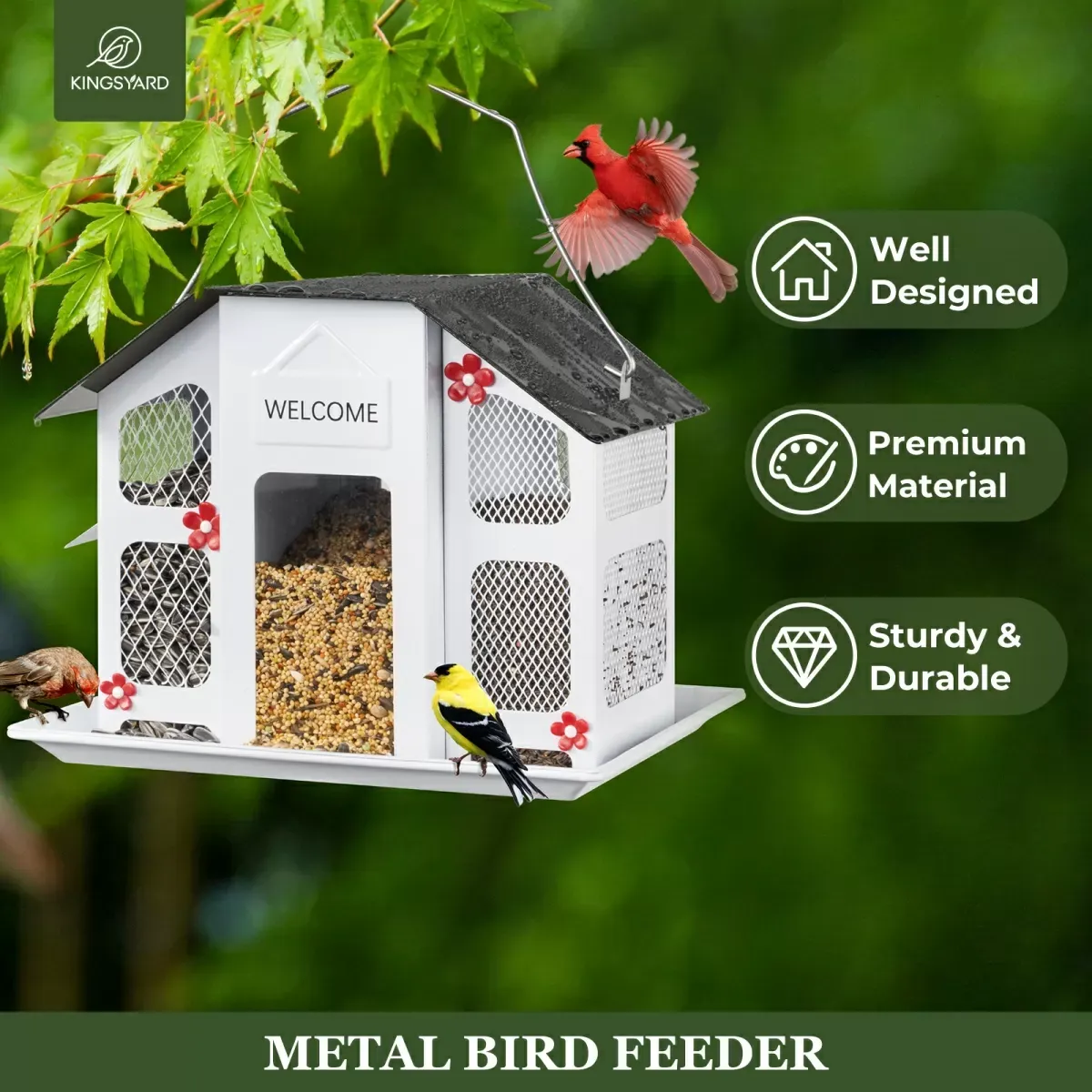 White Kingsyard Weatherproof Metal Mesh House Hopper Bird Feeder 6