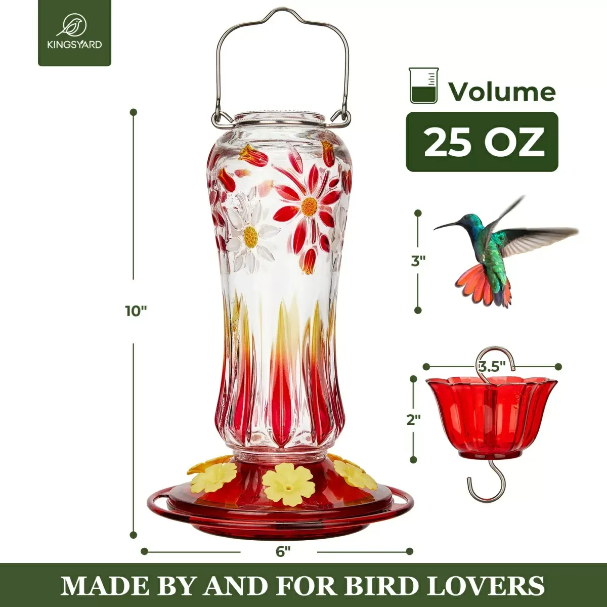 Royal Red Kingsyard 25oz Leak Proof Glass Hummingbird Feeder with Ant Moat 3