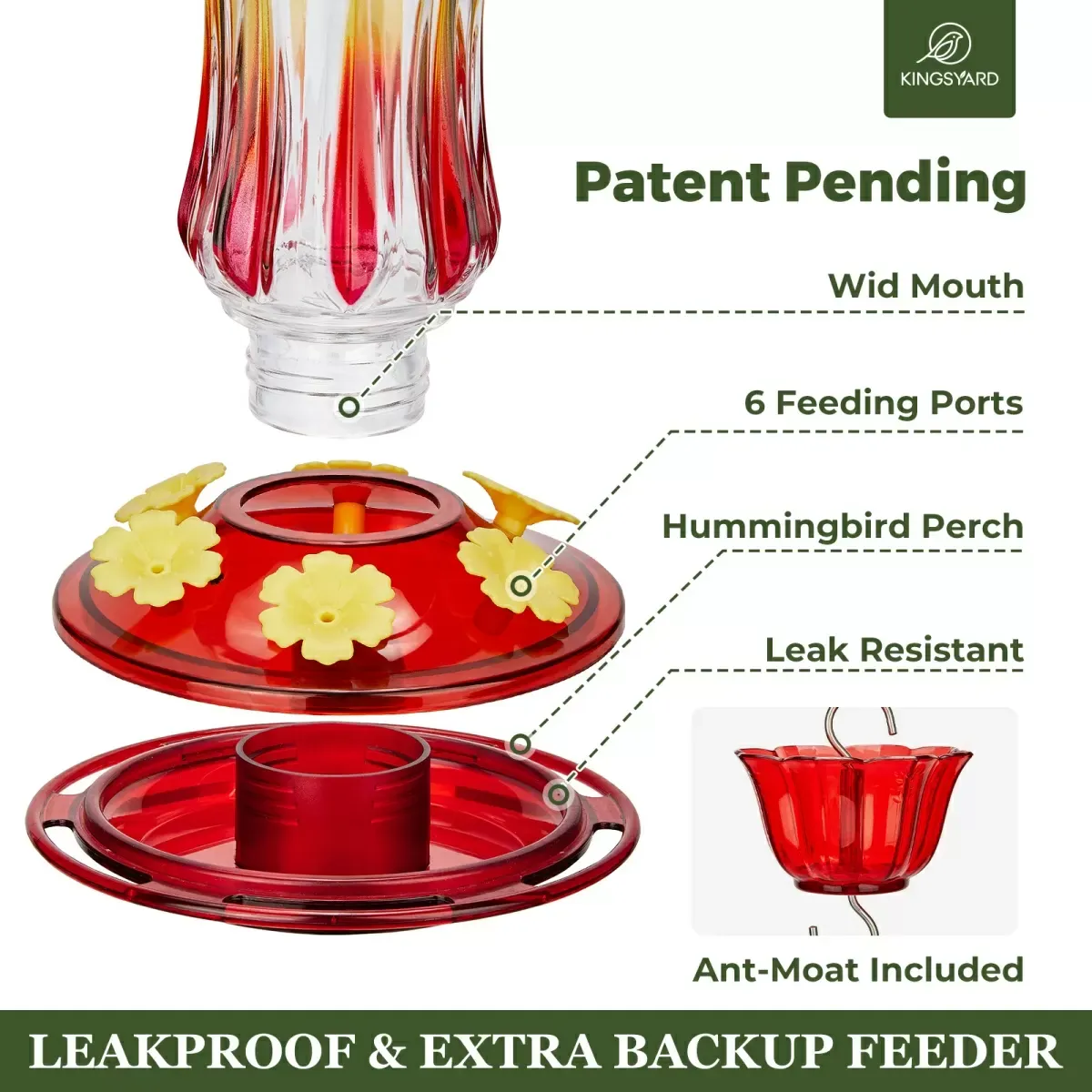 Royal Red Kingsyard 25oz Leak Proof Glass Hummingbird Feeder with Ant Moat 4