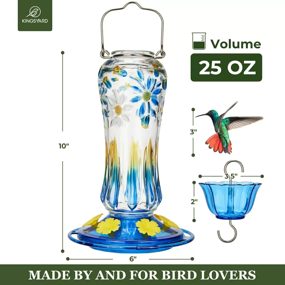 Royal Blue Kingsyard 25oz Leak Proof Glass Hummingbird Feeder with Ant Moat 3