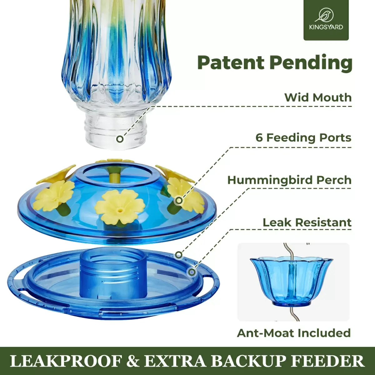 Royal Blue Kingsyard 25oz Leak Proof Glass Hummingbird Feeder with Ant Moat 4