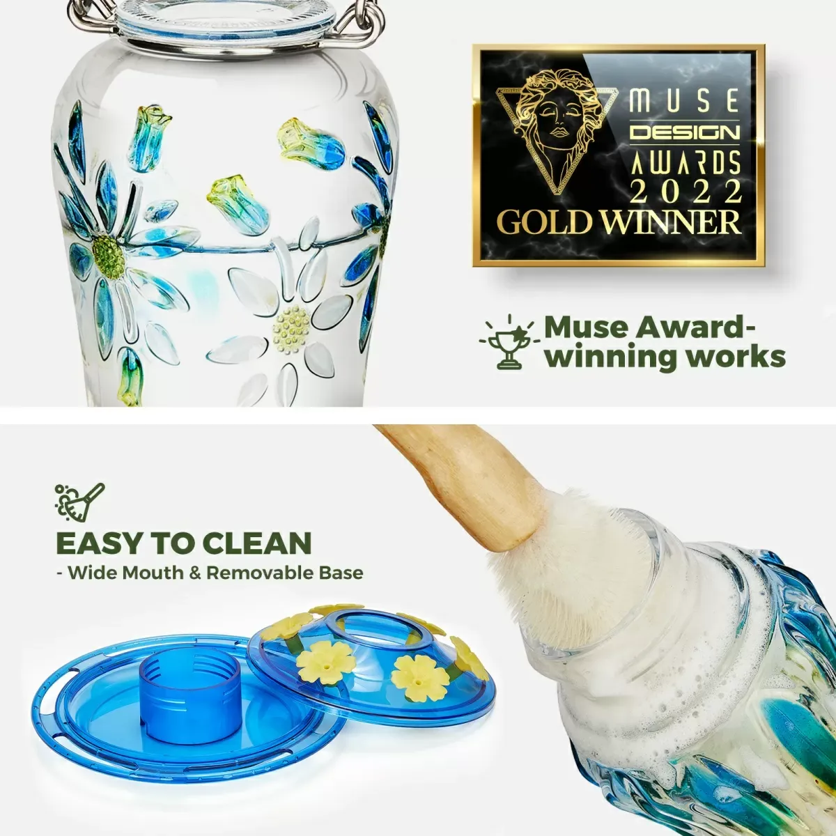 Royal Blue Kingsyard 25oz Leak Proof Glass Hummingbird Feeder with Ant Moat 6