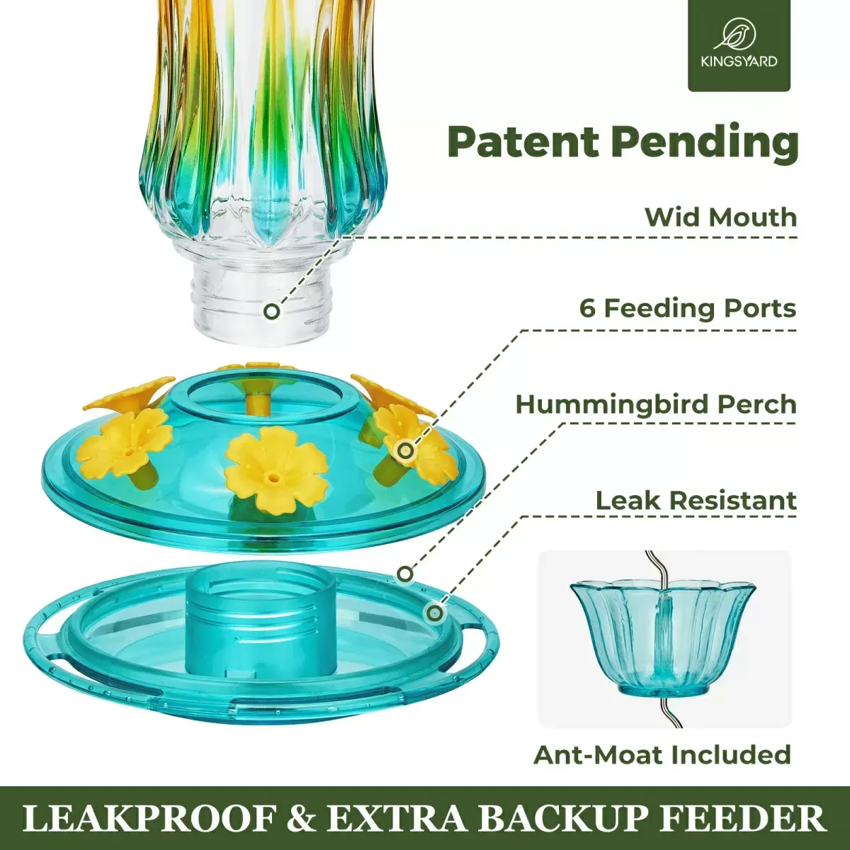Kingsyard 25oz Leak Proof Glass Hummingbird Feeder with Ant Moat
