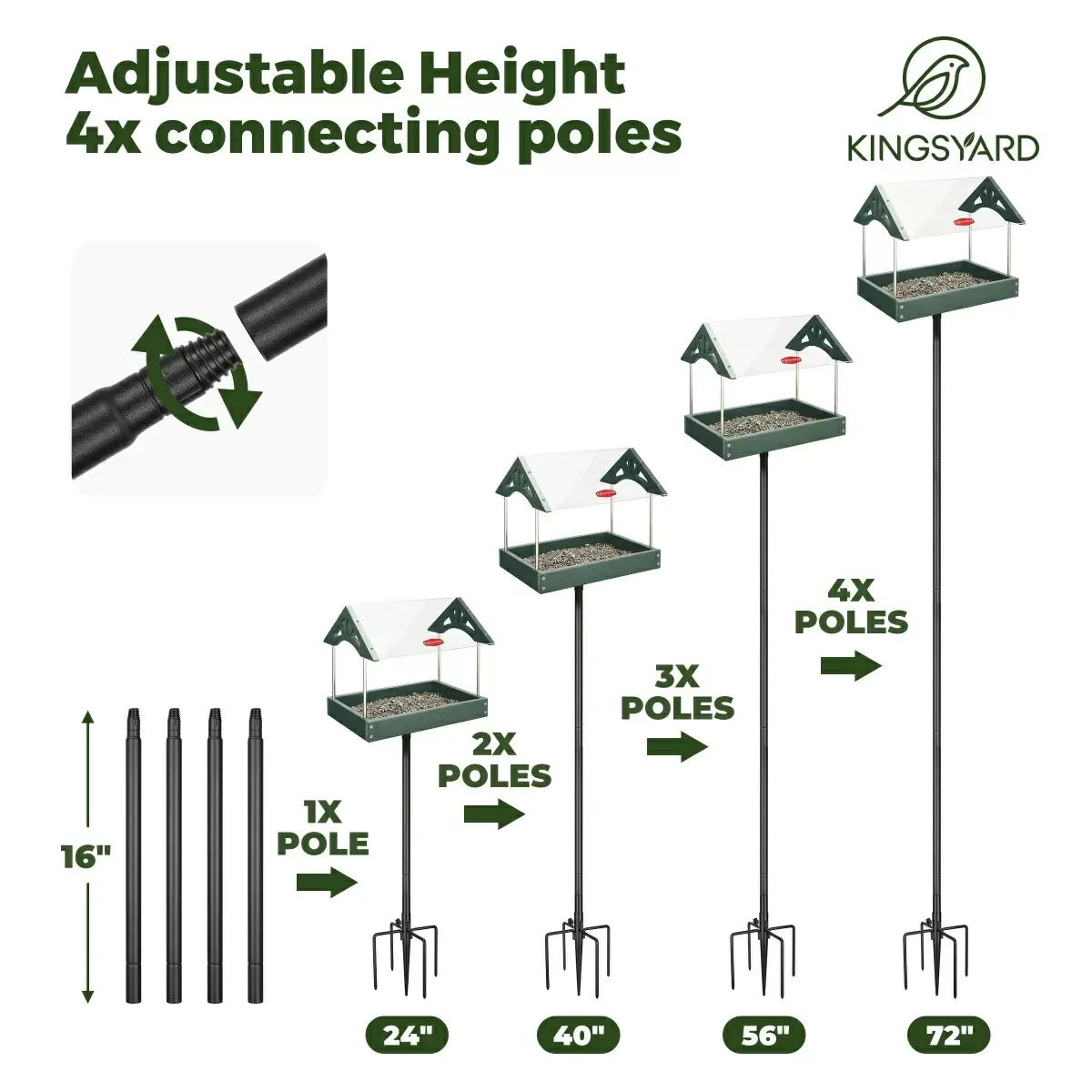 Green Kingsyard Recycled Plastic Wild Bird Feeders with Adjustable Height Pole Kit 3