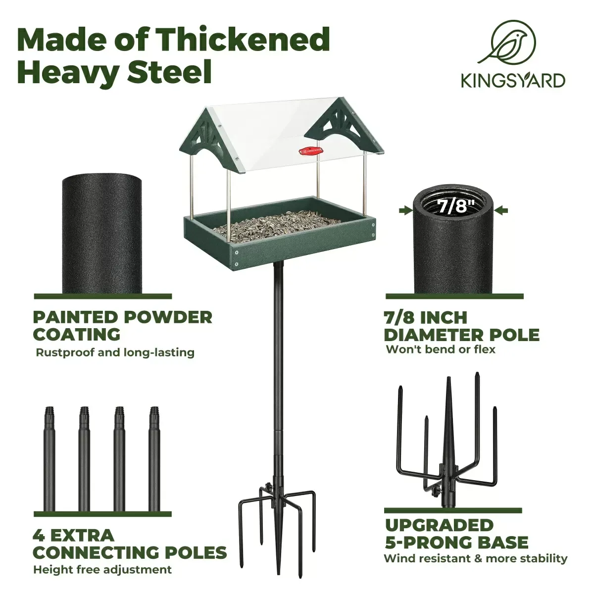 Green Kingsyard Recycled Plastic Wild Bird Feeders with Adjustable Height Pole Kit 4