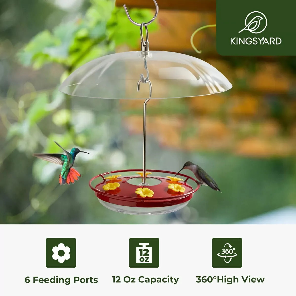 Red Kingsyard 12oz Tray Hummingbird Feeder with Weatherproof Dome & Ant Moat 4