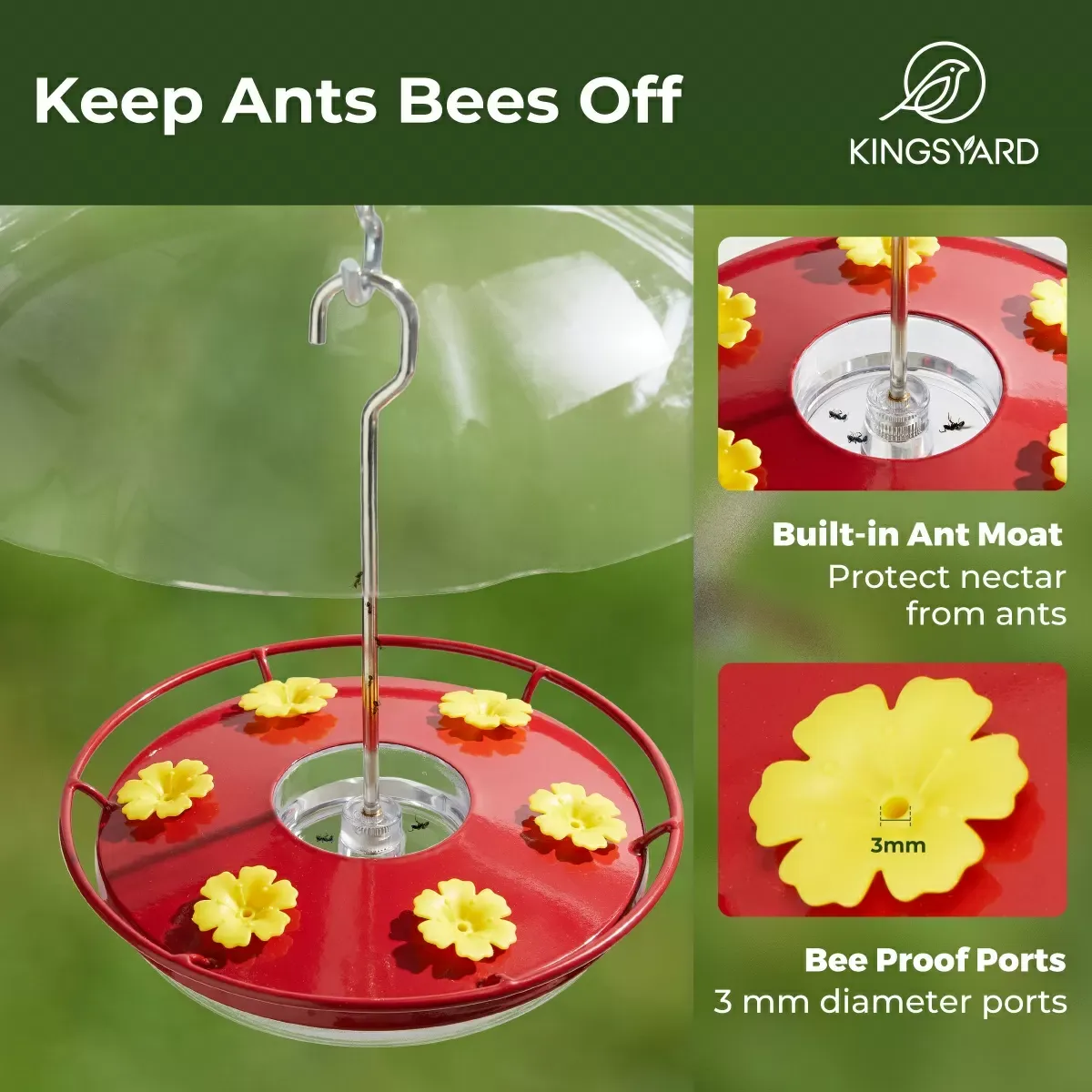 Red Kingsyard 12oz Tray Hummingbird Feeder with Weatherproof Dome & Ant Moat 7