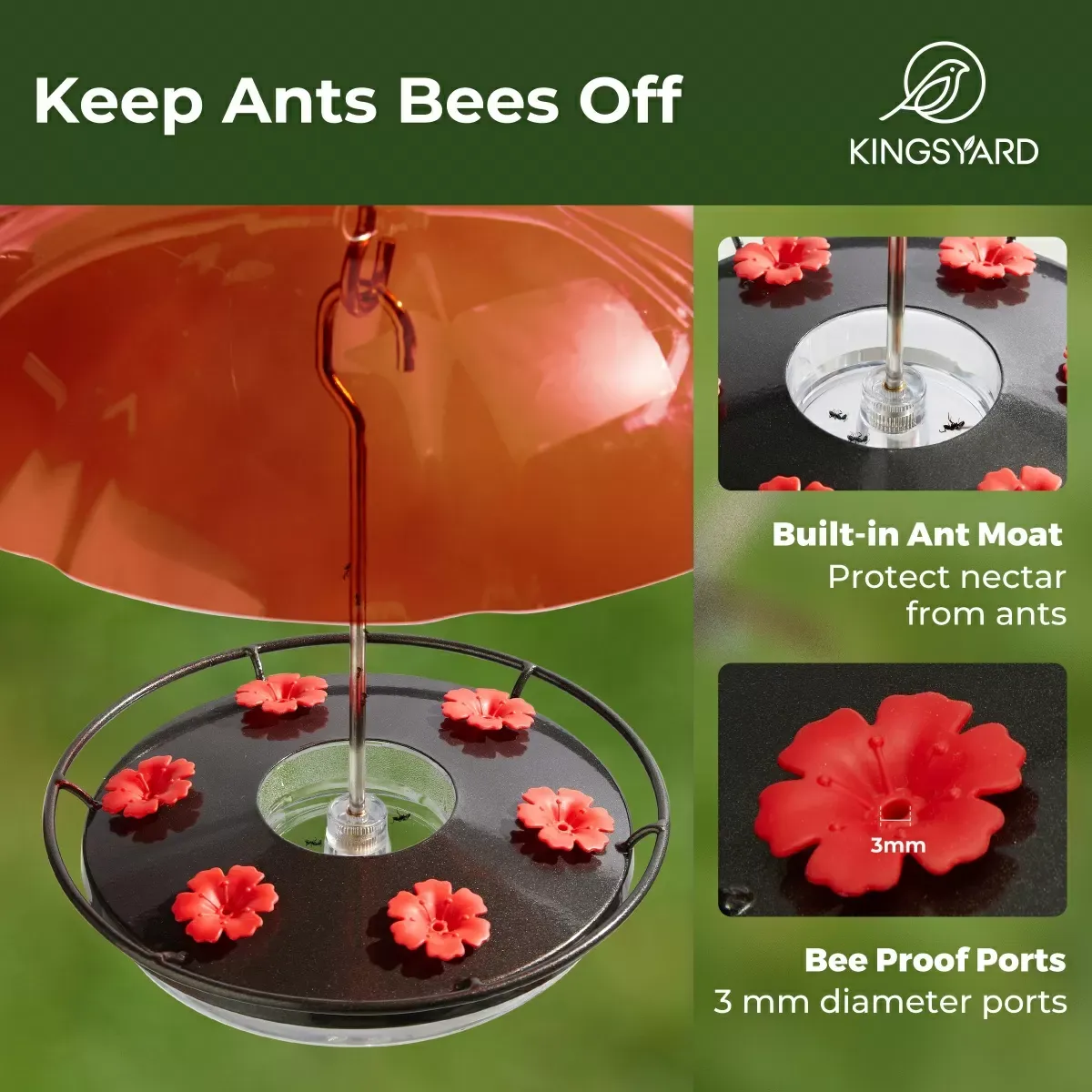 Black Kingsyard 12oz Tray Hummingbird Feeder with Weatherproof Dome & Ant Moat 7