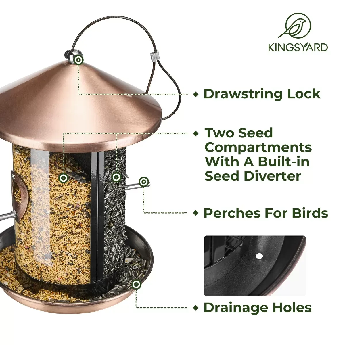 Antique Copper Kingsyard Dual Chamber Chew-Proof Metal Bird Feeder 4