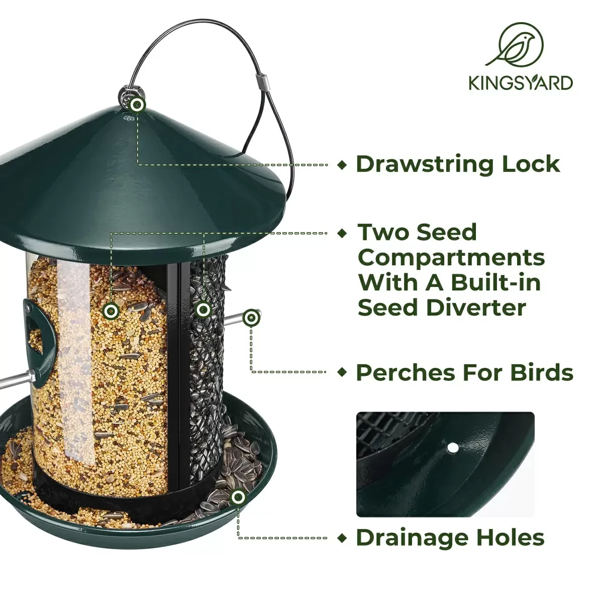 Green Kingsyard Dual Chamber Chew-Proof Metal Bird Feeder 4