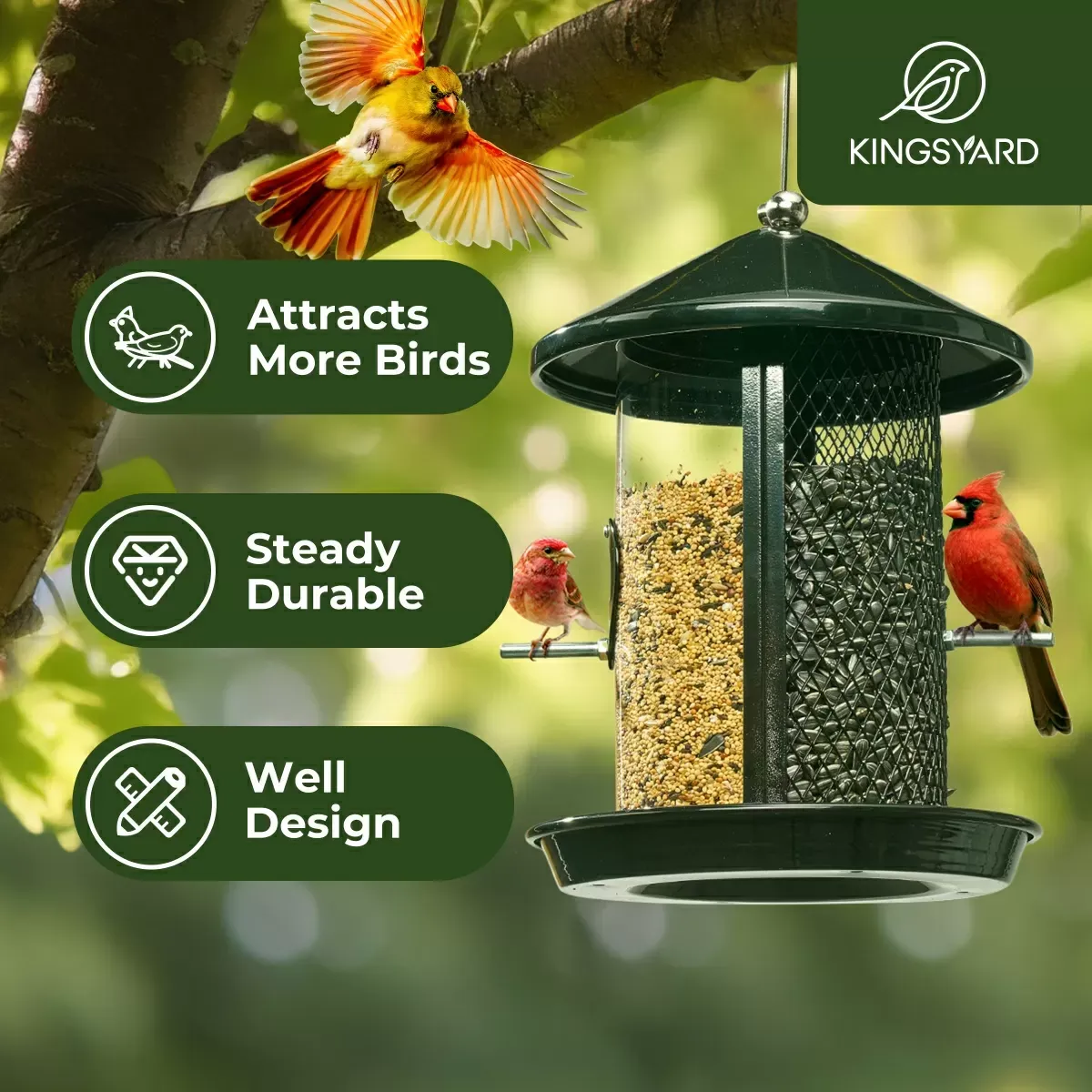 Green Kingsyard Dual Chamber Chew-Proof Metal Bird Feeder 6
