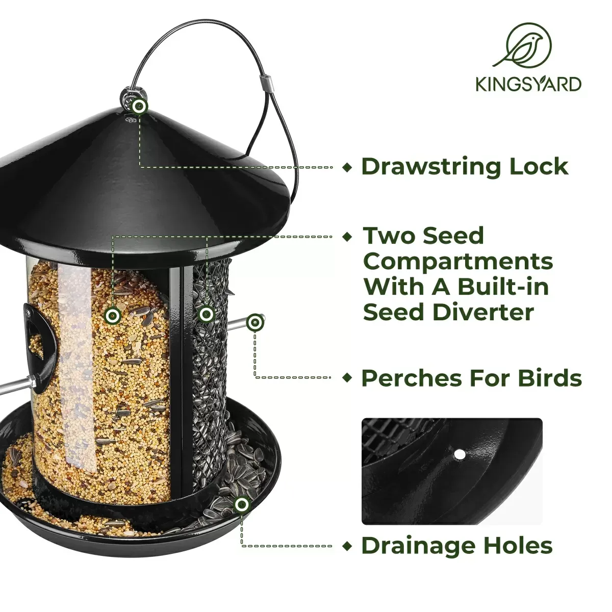 Black Kingsyard Dual Chamber Chew-Proof Metal Bird Feeder 4