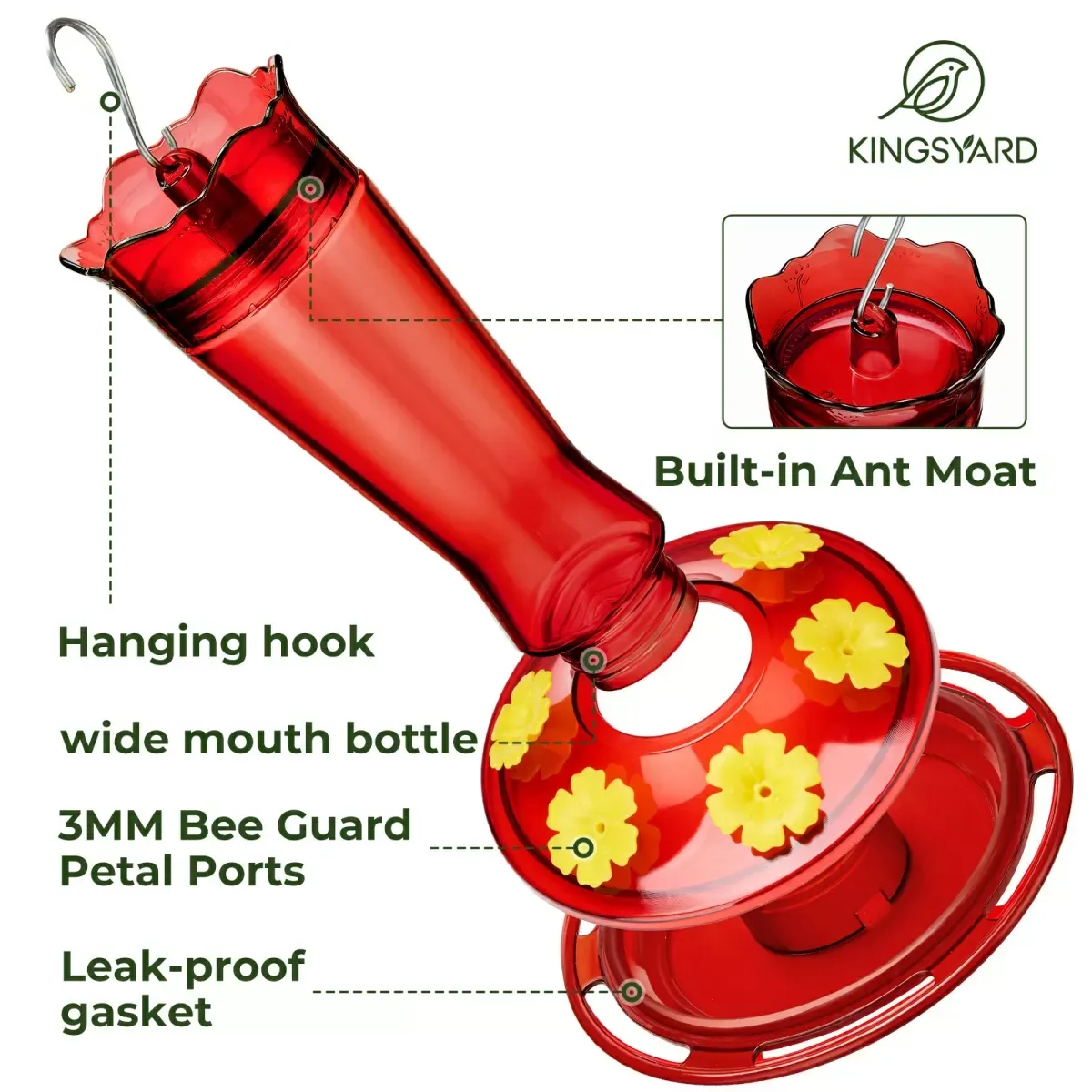 Red Kingsyard 14oz Glass Hummingbird Feeder with Bee Proof & Ant Moat 6
