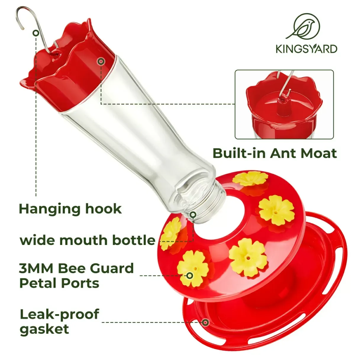 Updated Red Kingsyard 14oz Glass Hummingbird Feeder with Bee Proof & Ant Moat 6