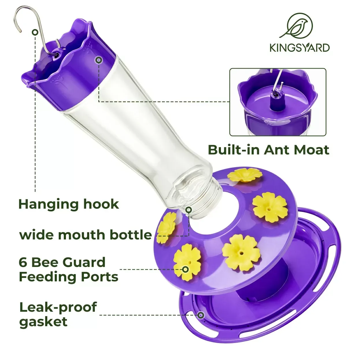Updated Purple Kingsyard 14oz Glass Hummingbird Feeder with Bee Proof & Ant Moat 5
