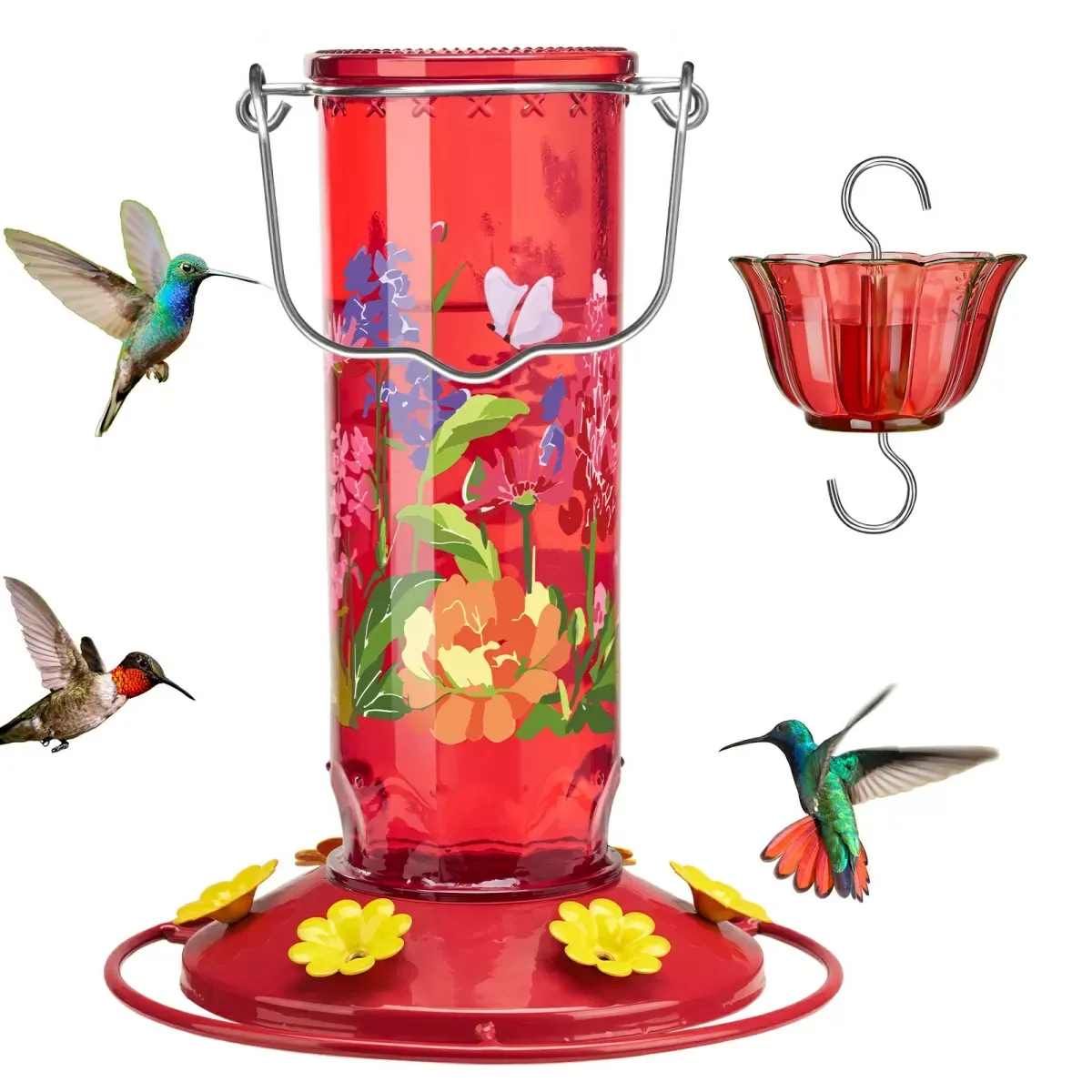 Red Kingsyard Round Glass Hummingbird Feeder with Flower Patterns 2