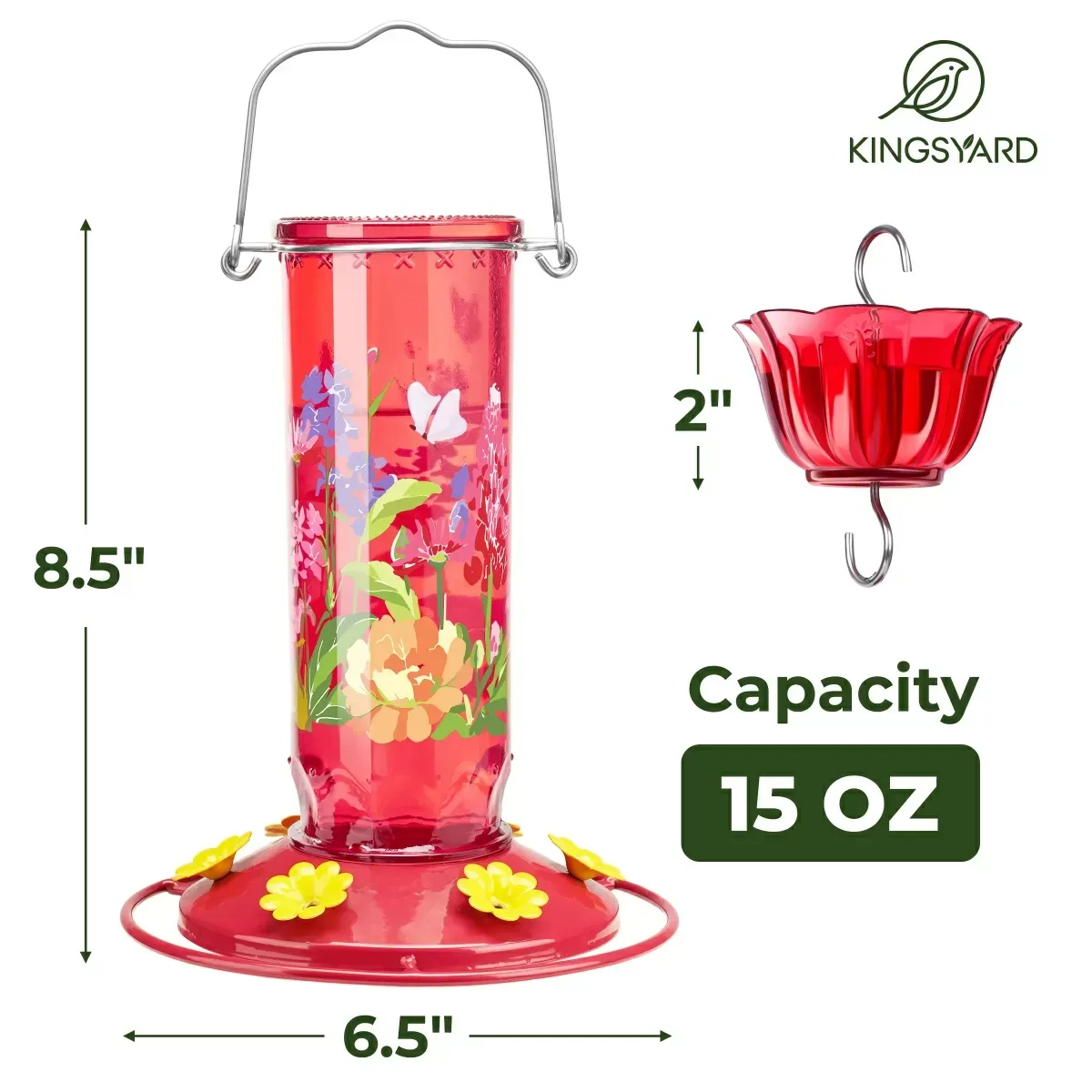 Red Kingsyard Round Glass Hummingbird Feeder with Flower Patterns 3