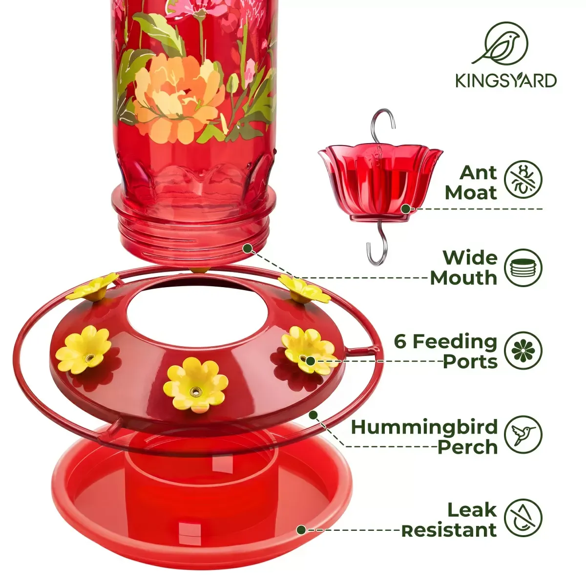 Red Kingsyard Round Glass Hummingbird Feeder with Flower Patterns 5