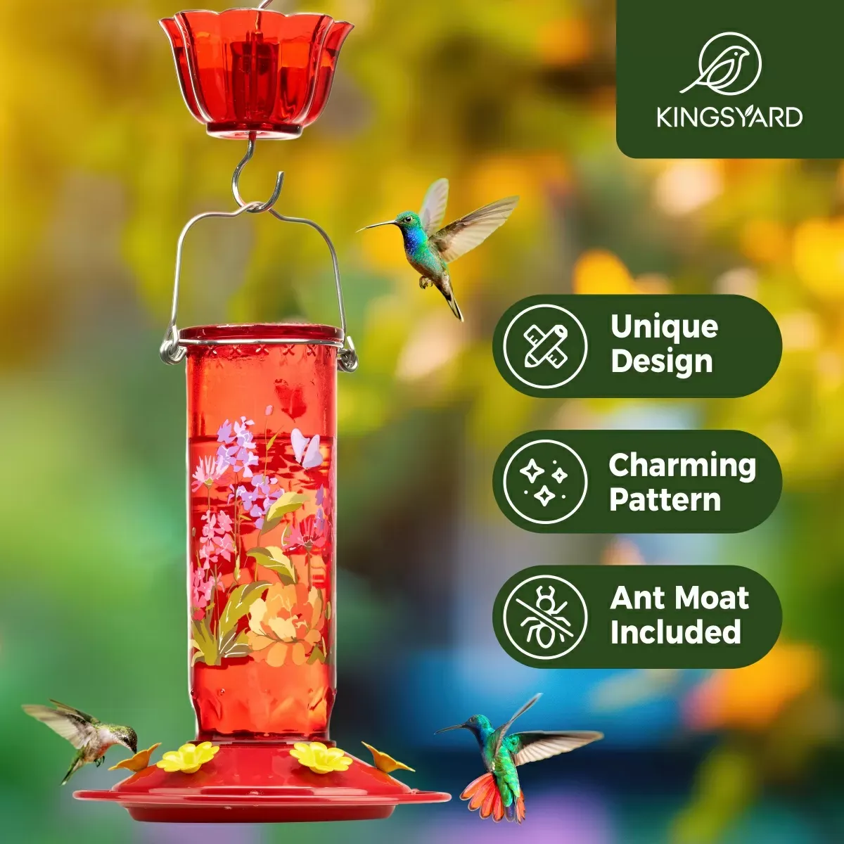 Red Kingsyard Round Glass Hummingbird Feeder with Flower Patterns 6