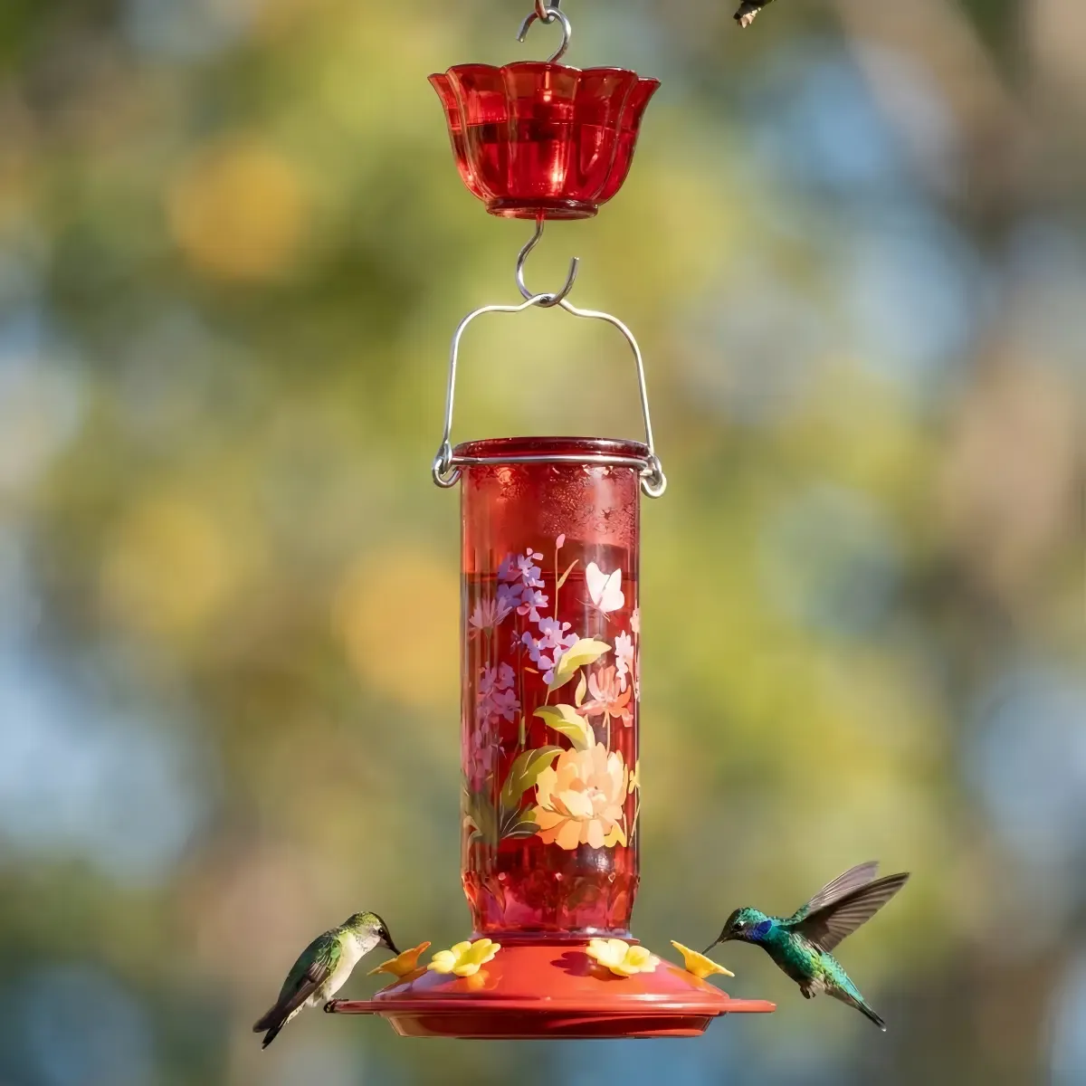 Kingsyard Round Glass Hummingbird Feeder with Flower Patterns