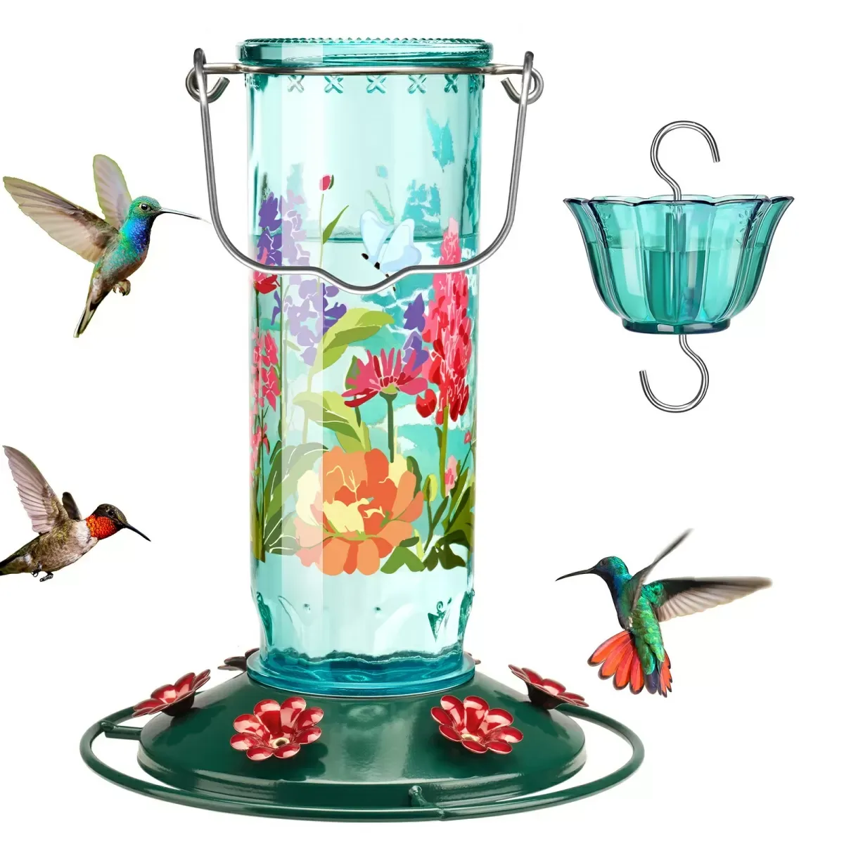 Blue Kingsyard Round Glass Hummingbird Feeder with Flower Patterns 2