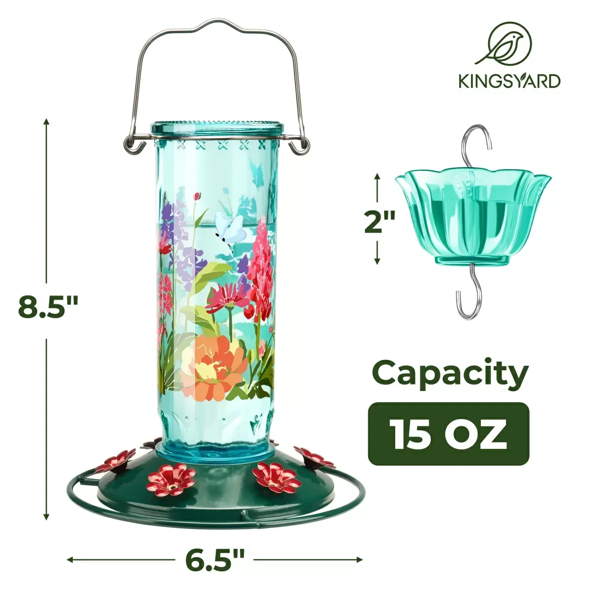 Blue Kingsyard Round Glass Hummingbird Feeder with Flower Patterns 3