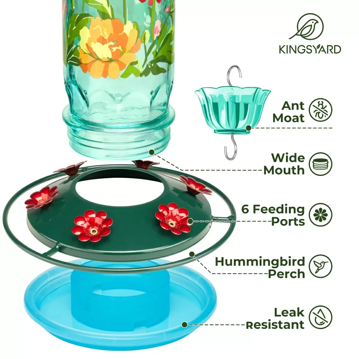 Blue Kingsyard Round Glass Hummingbird Feeder with Flower Patterns 5