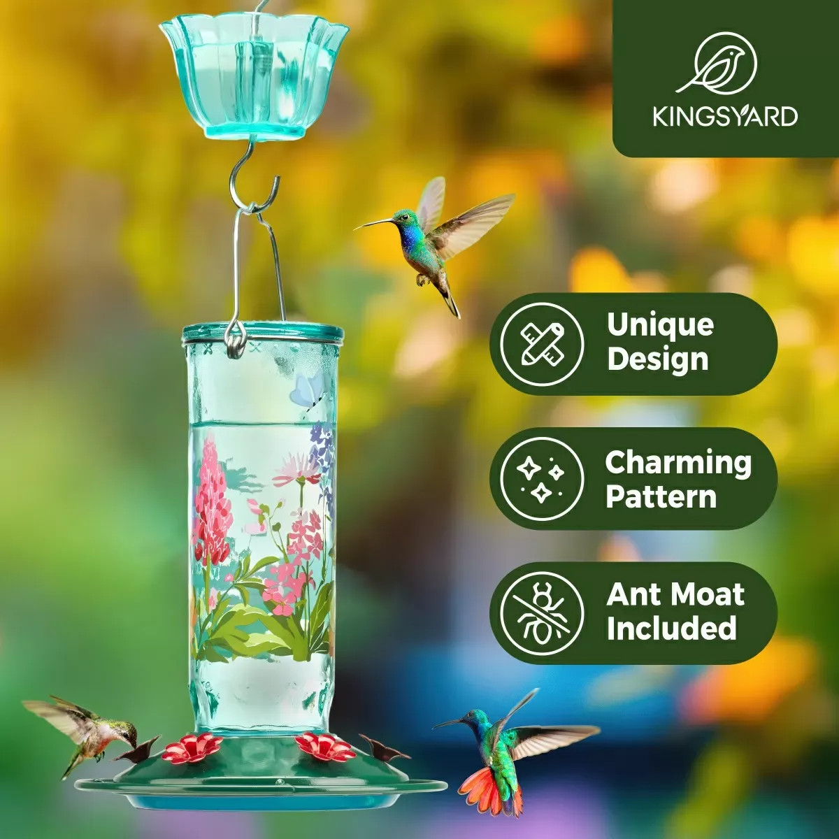 ハミングバードページ Kingsyard Round Glass Hummingbird Feeder with Flower Patterns