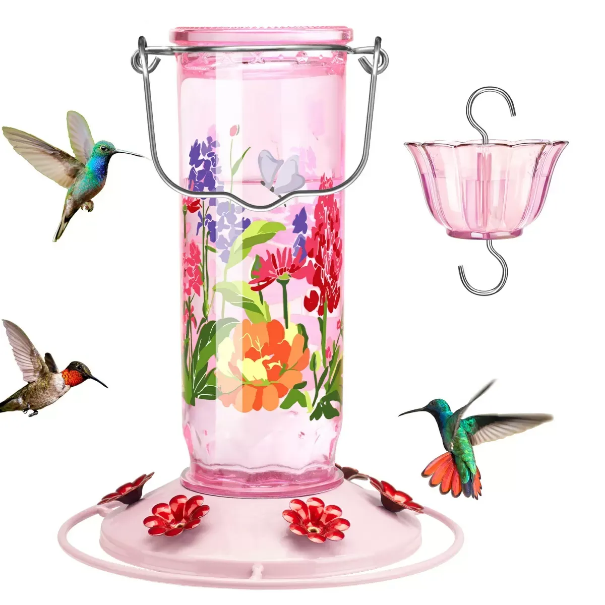 Pink Kingsyard Round Glass Hummingbird Feeder with Flower Patterns 2